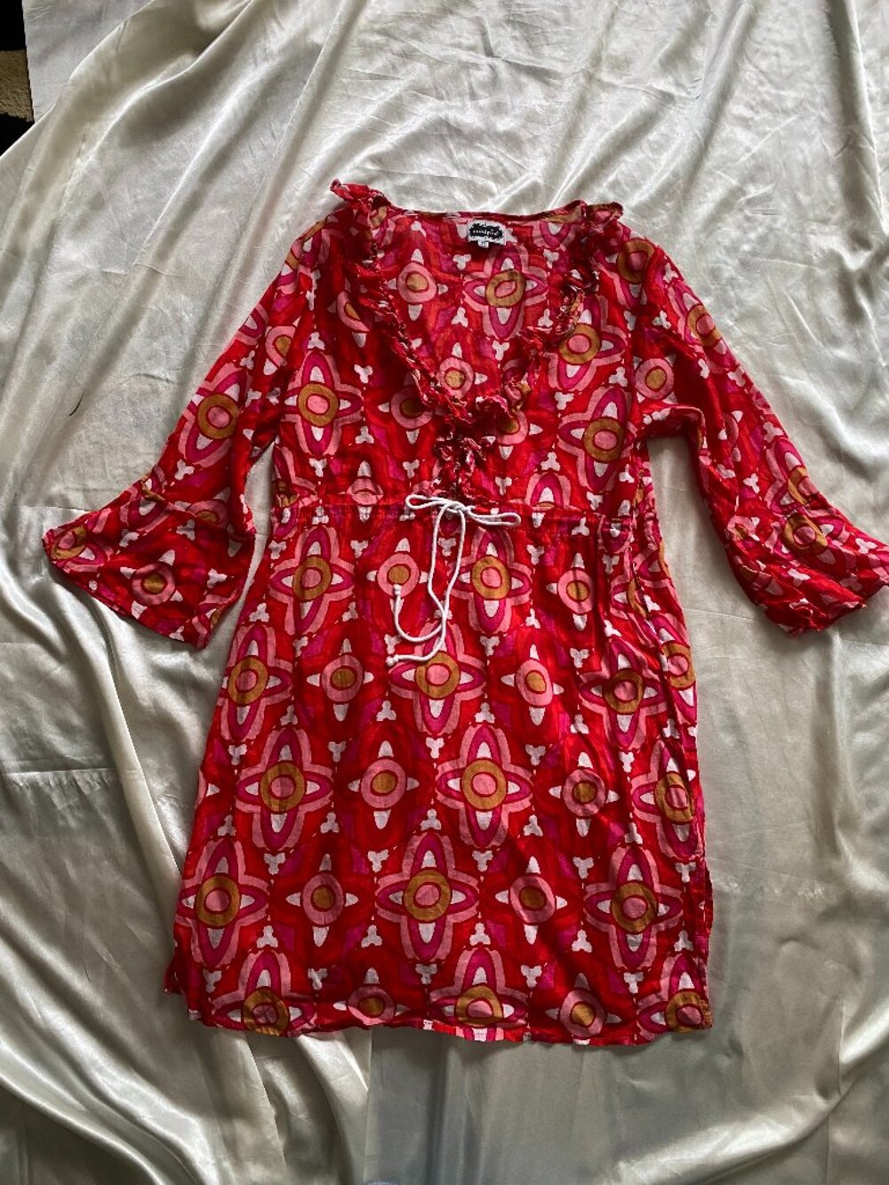 y2k Red Pink Abstract Psychedelic Cotton Ruffle Mod Tunic Summer Beach Small